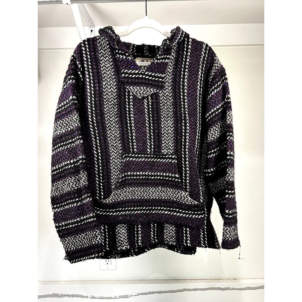 Baja Joe Men Purple Black Gray Mexican Baja Hoodie Pullover‎ Drug Rug Sweater M